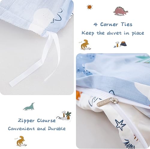 Miniatura 6 de DJY Juego de funda de edredón de dinosaurio, tamaño Queen, 100% algodón, juego de ropa de cama reversible para niños y niñas, juego de funda de