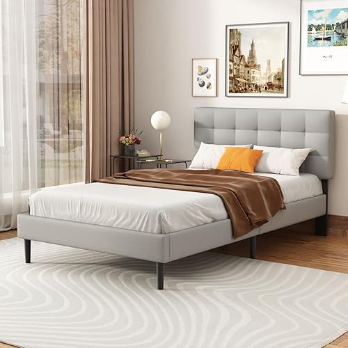 Miniatura 6 de UNIZONE Base de cama tapizada de tamaño matrimonial con cabecera capitoné, cama de plataforma con cabecera de tela de lino, soporte de listones de