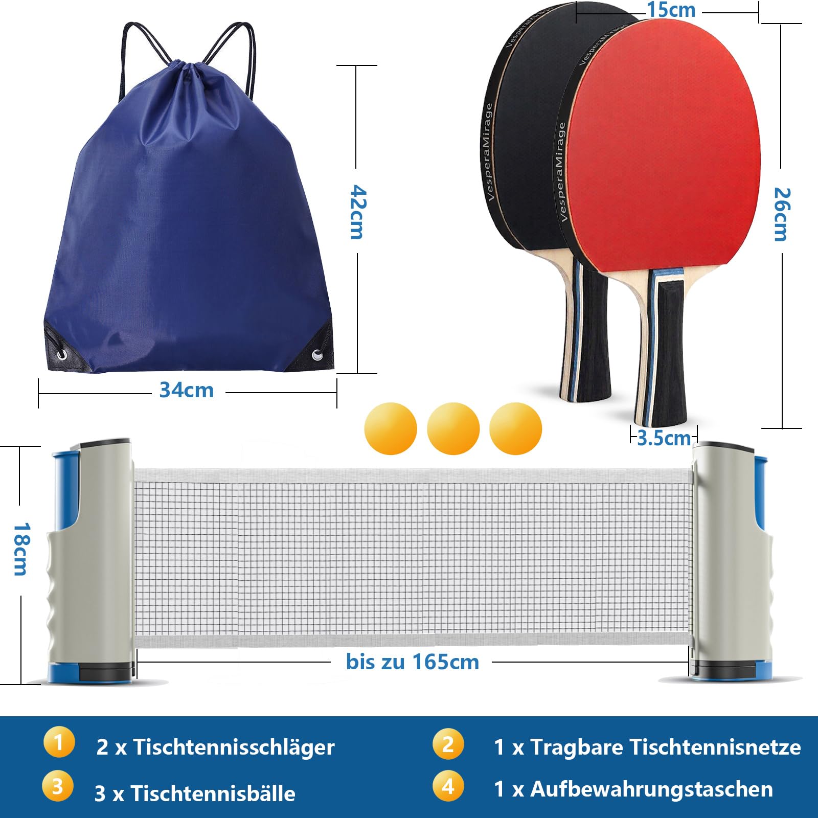 Professionelles Tischtennis-Set — 7-schichtige Lindenholz-Schläger (beidseitig Noppen-innen-Belag), ausziehbares Netz (passend für Tischplatten bis 5 cm Stärke), 3 ABS-Tischtennisbälle und tragbare Au
