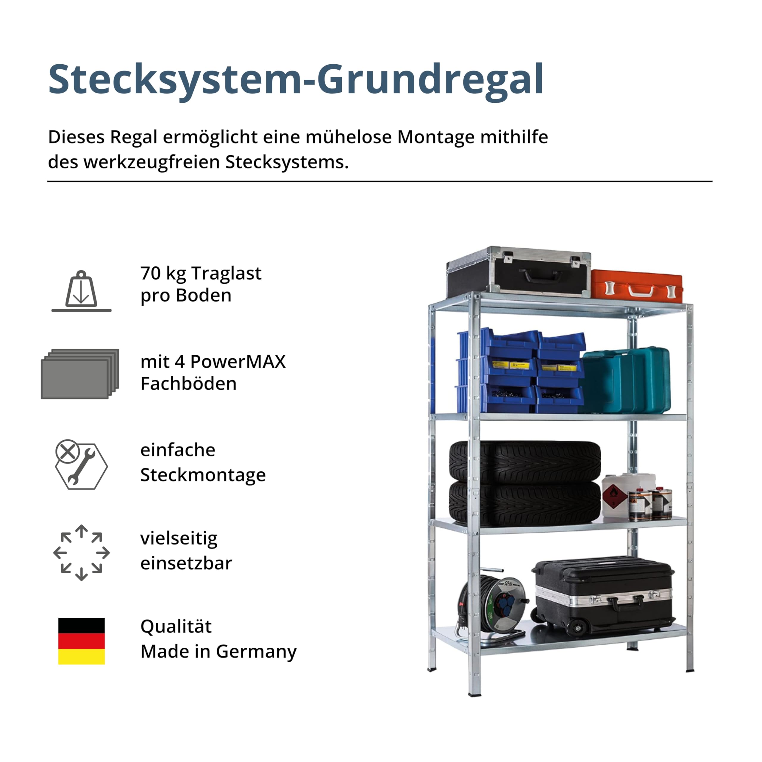 SCHULTE Regalwelt Steckregal mit 4 PowerMAX Fachböden, 70 kg Tragkraft, 200x100x50 cm (HxBxT), verzinkt (Lagerregal, Werkstattregal, Kellerregal, Garagenregal, Metallregal