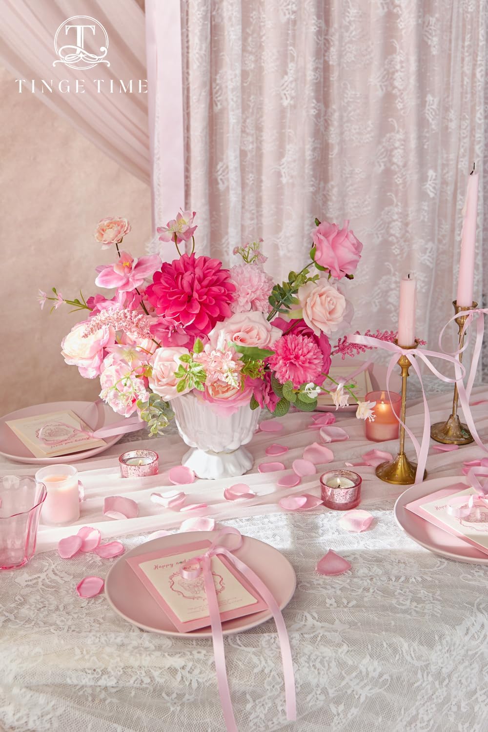 TINGE TIME Rose Artificial Flowers Combo, Hot Pink Fake Foam Dahlia with Stems for DIY Wedding Bouquets Baby Shower Party Table Centerpieces Home Decorations