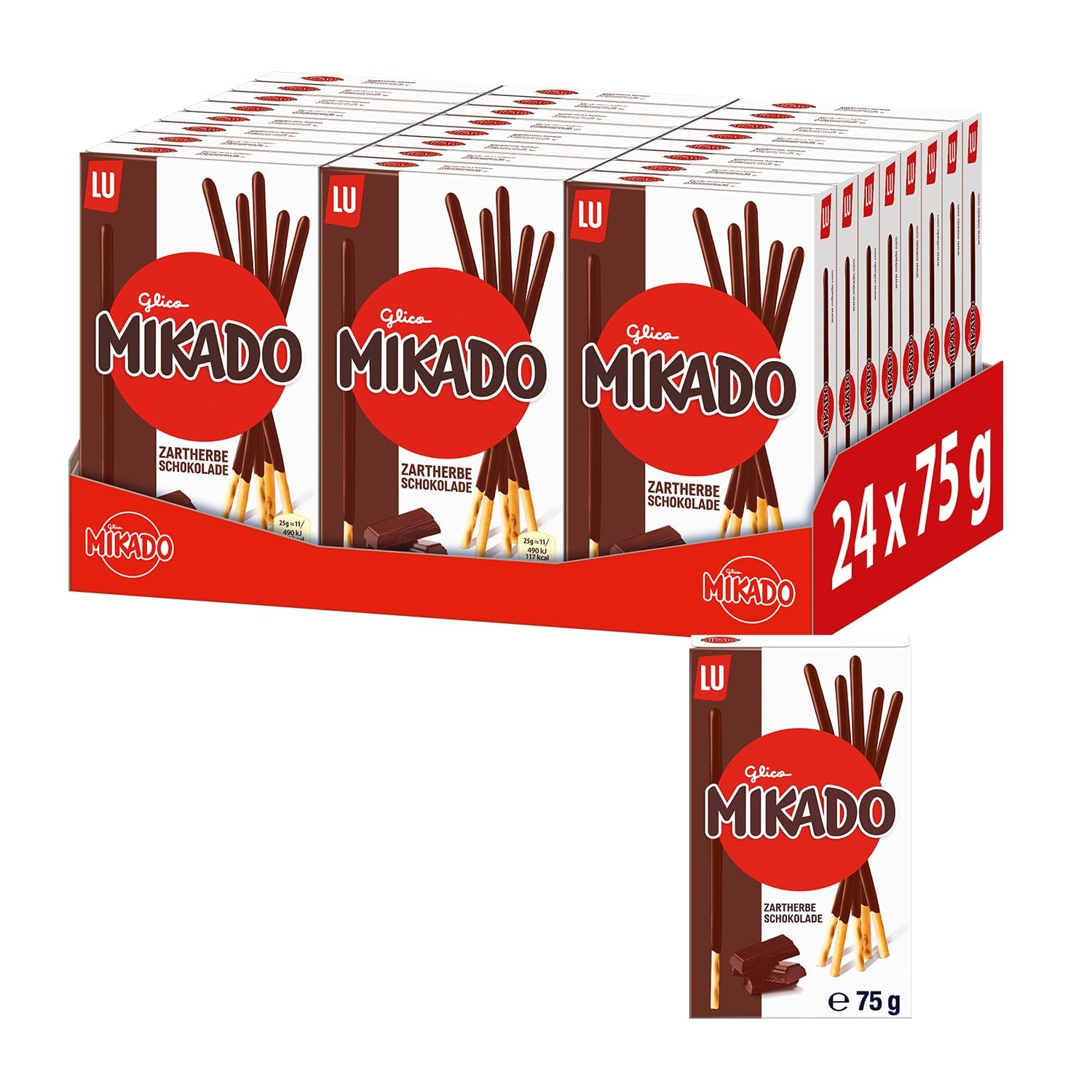 Mikado Zartbitter-Schokolade – knusprige Keksstäbchen, überzogen mit dunkler Schokolade – 24 x 75g