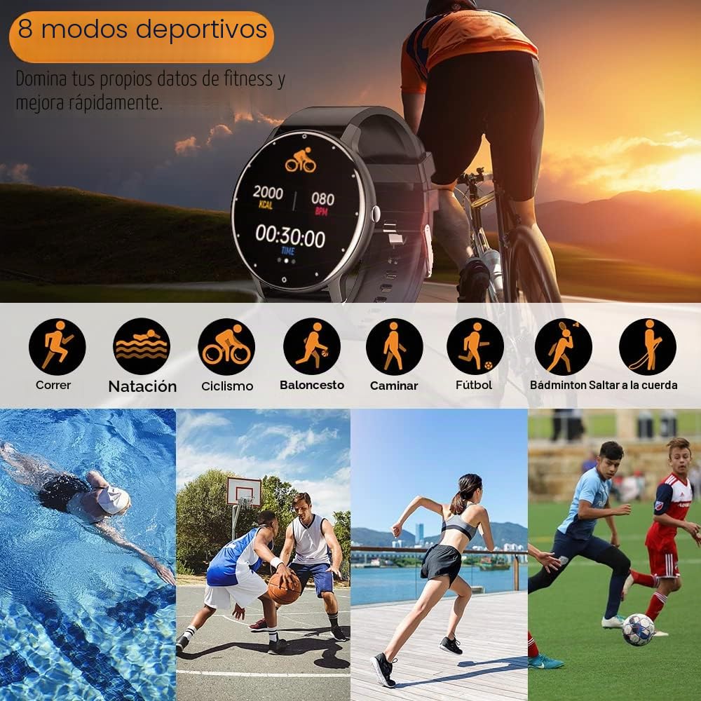 0,8cm Ultrafino Reloj Inteligente Deportivo Hombre Smartwatch Pulsera Actividad Cuenta Pasos con Pulsómetro, Monitor Presión Arterial, Monitor de Oxígeno, Conectado con Teléfono Inteligente