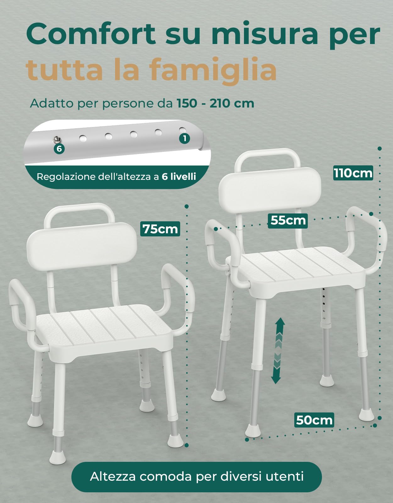 Sedia per Doccia Anziani 4-in-1 con Braccioli, fino a 158 kg