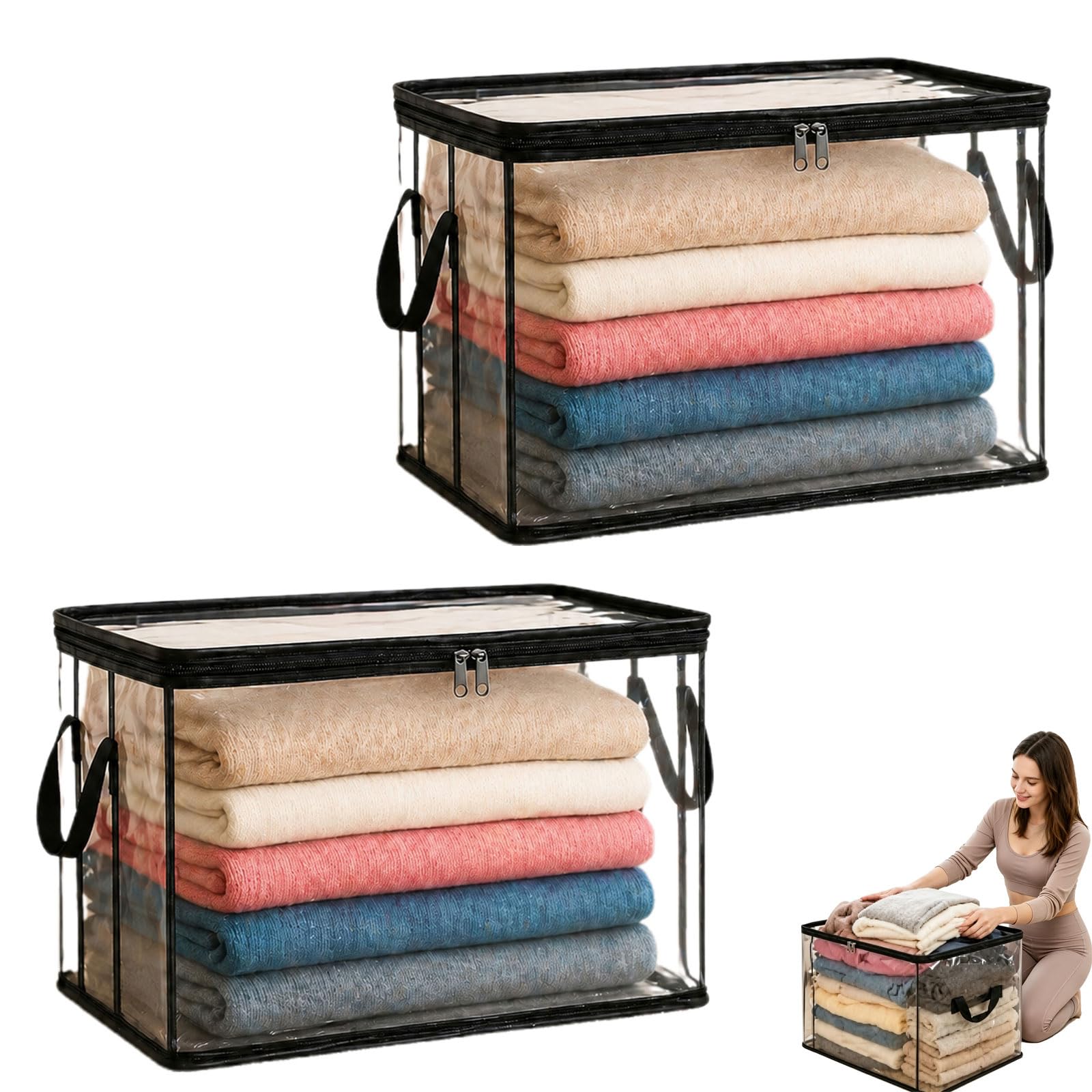 Clothes Storage Bags, Plastic Storage Box with Lid, Large Clear Thick Doll Storage Container with Hinged Lid, Dustproof Organizer with Carrying Handle, for Stuffed Storage, Moving & Storage (2Pcs)