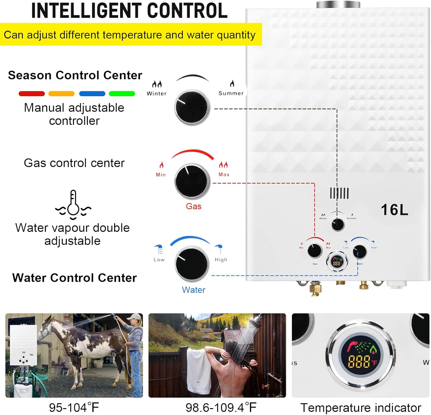 Tankless Water Heater 4.21GPM 16L Outdoor Portable GasHot Water Heater Instant Propane Water Heater with Digital Display Multi-Protection for Camping Trips Boat Cabins