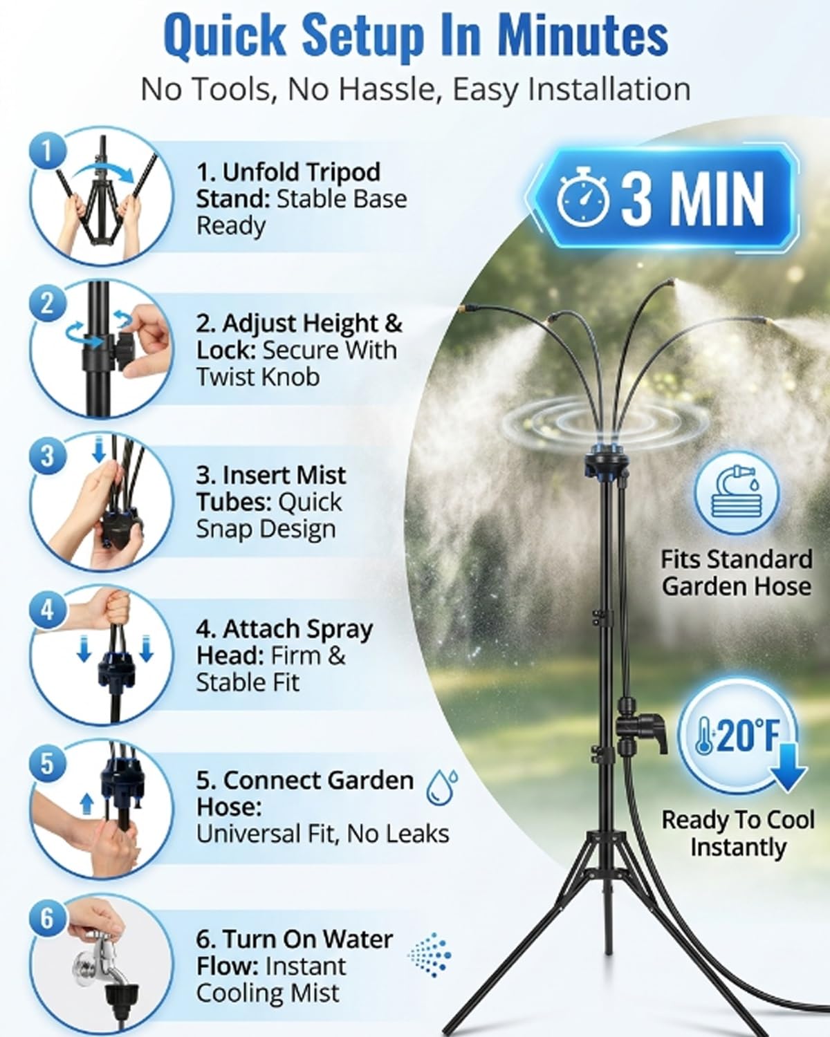 Adjustable Outdoor Misting Cooling System Standing Patio Mister Portable Hose Water Spray 360 Degree Flexible Height Leakproof Durable Backyard Pool Garden Cooling Tower Stand Kit(2sets)