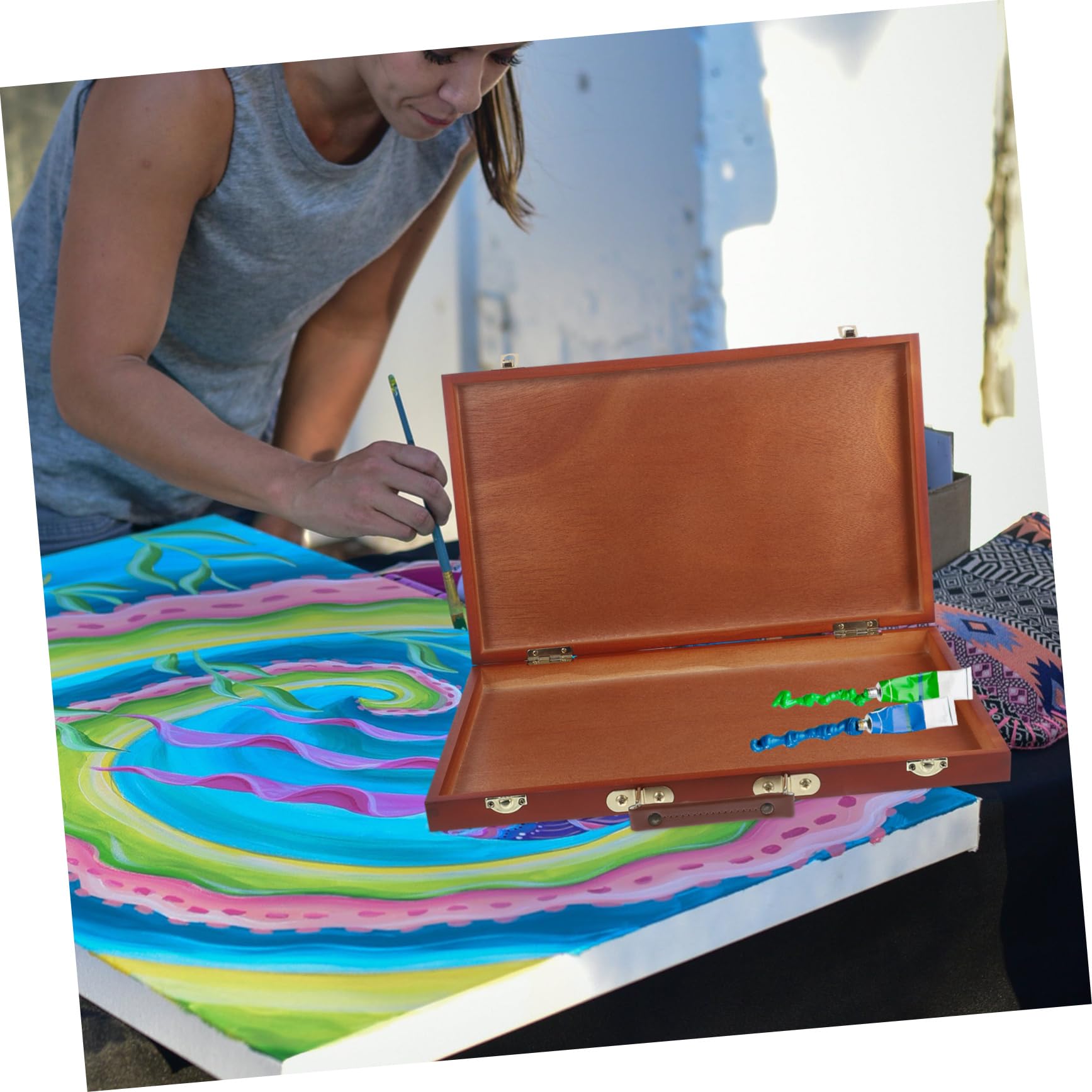 Hohopeti Boîte à Dessin en Bois, Boîte de Peinture Multifonctionnelle