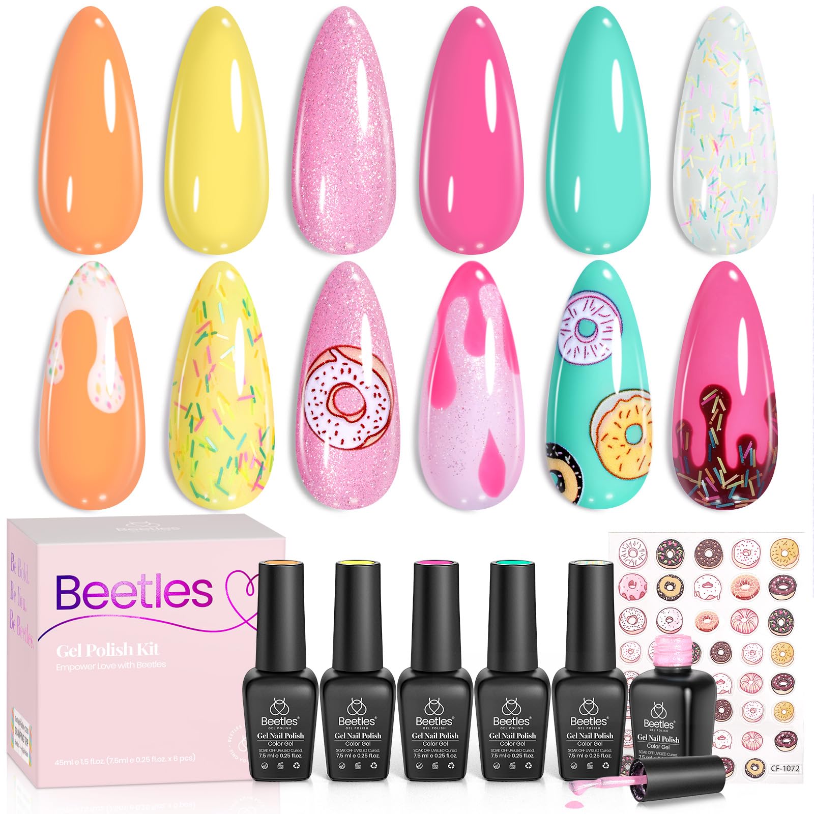 Beetles Gel Nail Polish Set, Orange Yellow Pink Turquoise Green Glitter Soak Off UV LED Gel Polish Summer Ice Cream Theme for DIY & Professional Manicure