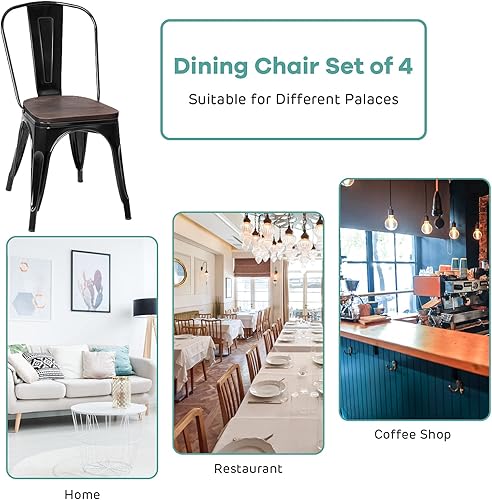 Miniatura 6 de DORTALA Juego de 4 sillas de comedor apilables de metal con asiento de madera y protectores de goma, silla auxiliar de cocina estilo Tolix, sillas