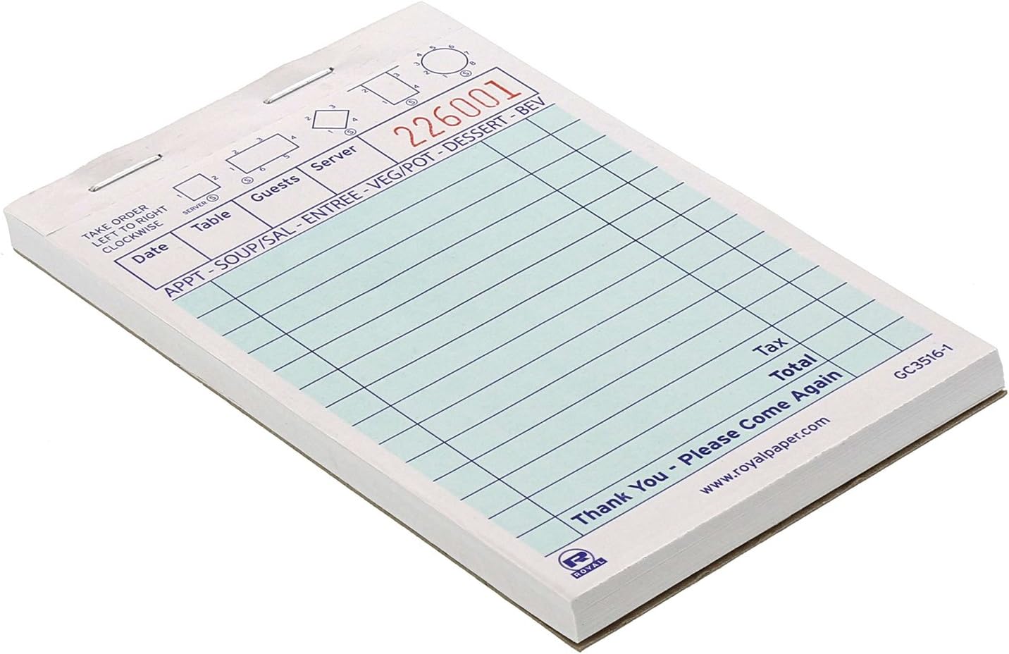 Royal AmerCare Green Guest Check Paper Receipt Book, Carbonless Order Book with 14 Lines, 1 Part Booked, Case of 100 Server Notepad Books