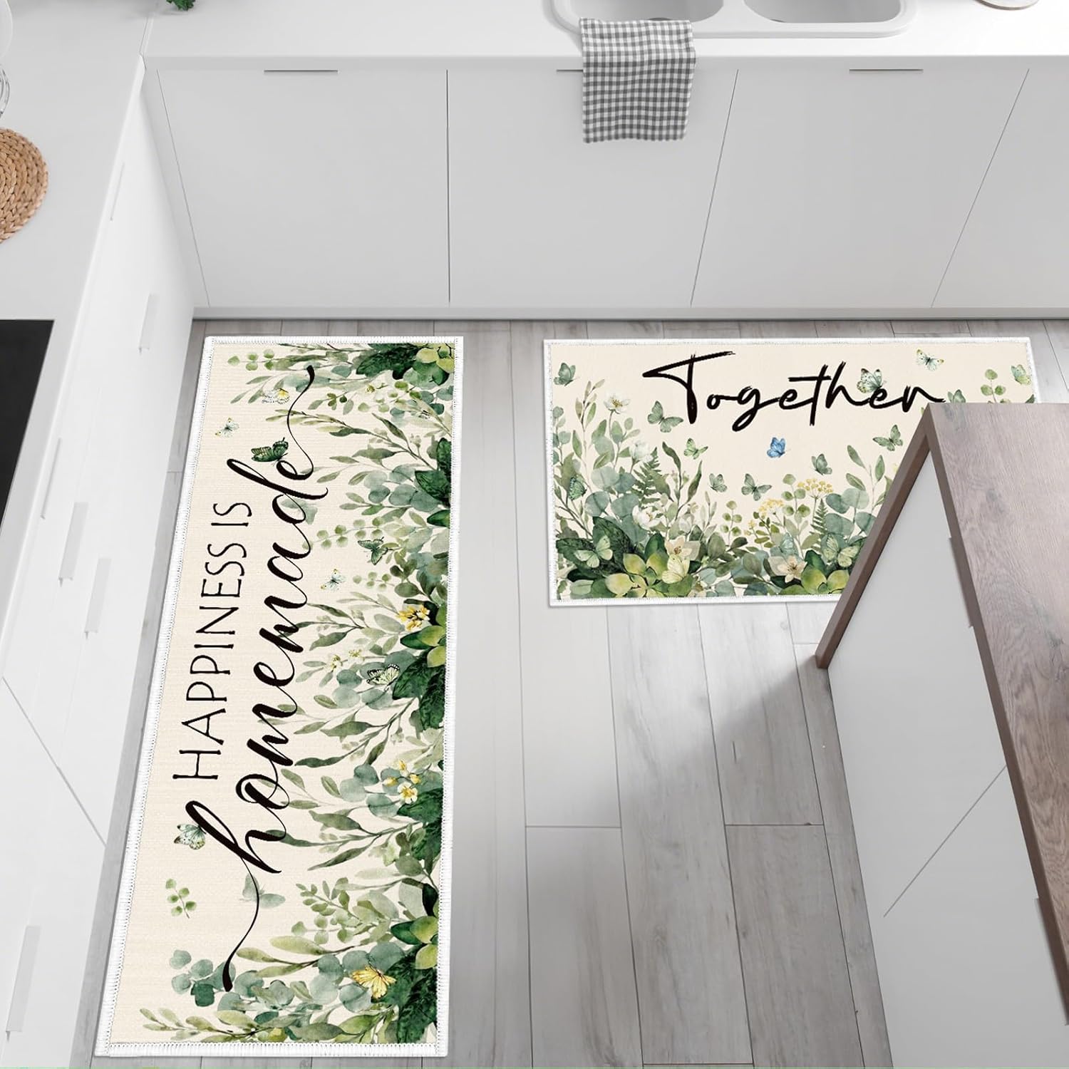 Sage Green Kitchen Rugs Set of 2, Happiness is Homemade Kitchen Mats Non Slip for Floor Decorations, Spring Summer Decorative Rug for Home Dining Room Decor (16x28 +16x47 Inches)