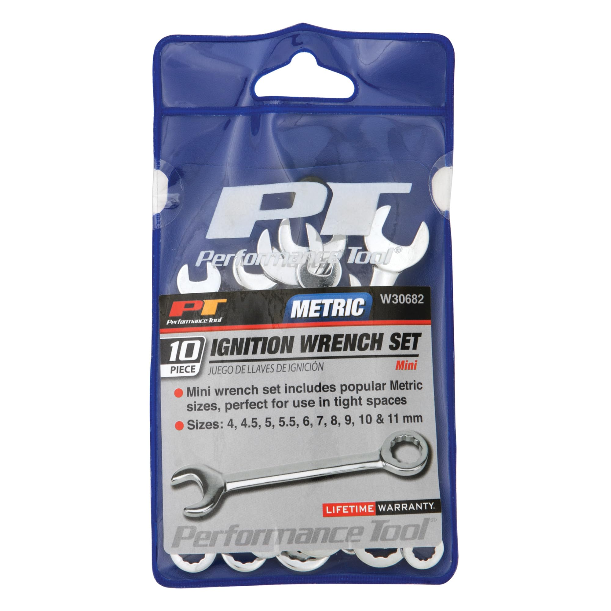 Performance Tool 10-Piece Metric Ignition Wrench Set – Sizes 4-11mm, Polished Chrome Finish, Vinyl Pouch, For Tight Spaces