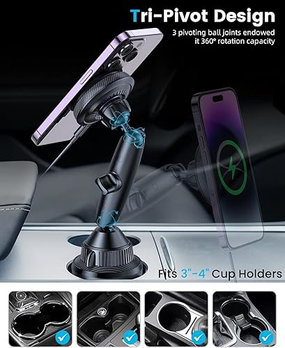 Miniatura 3 de APPS2Car Magsafe Cargador de montaje de coche Tri-Pivot magnético inalámbrico portavasos soporte de teléfono para coche camión con ventilador de