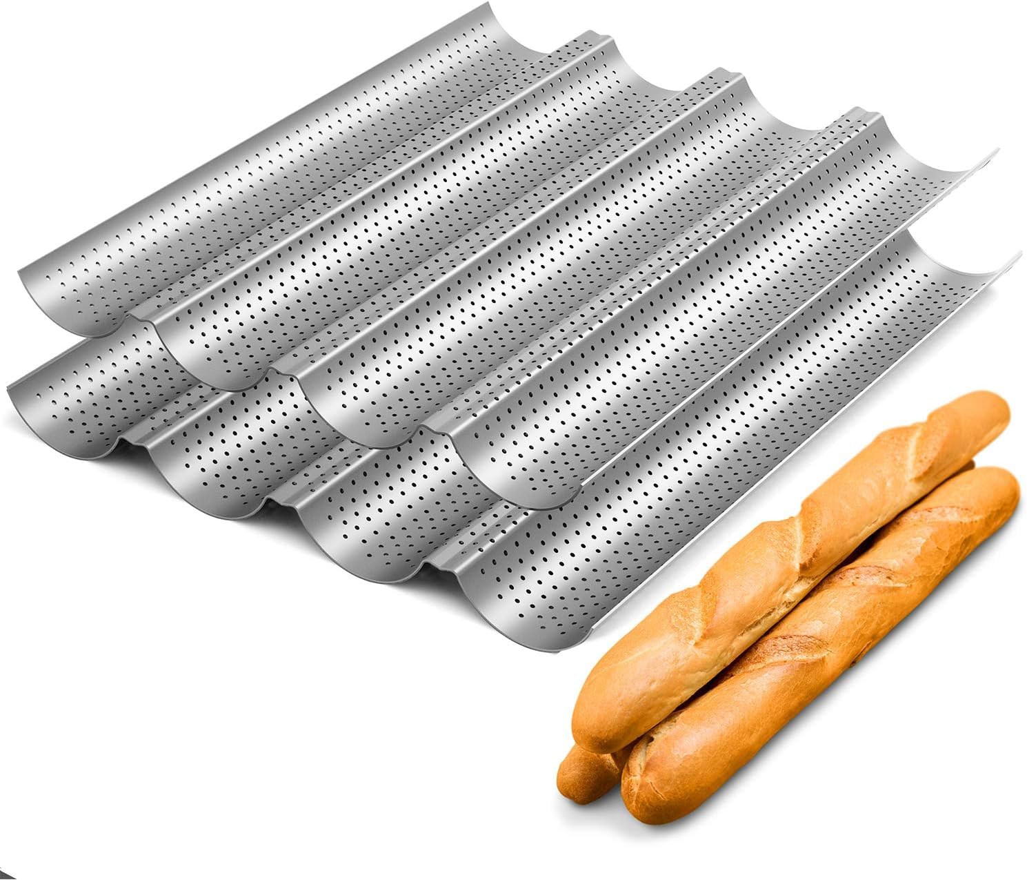 ABIN 2 Pack Nonstick Perforated Baguette Pan 15" x 13" for French Bread Baking 4 Waves Toaster Oven Baking Tray (Silver)