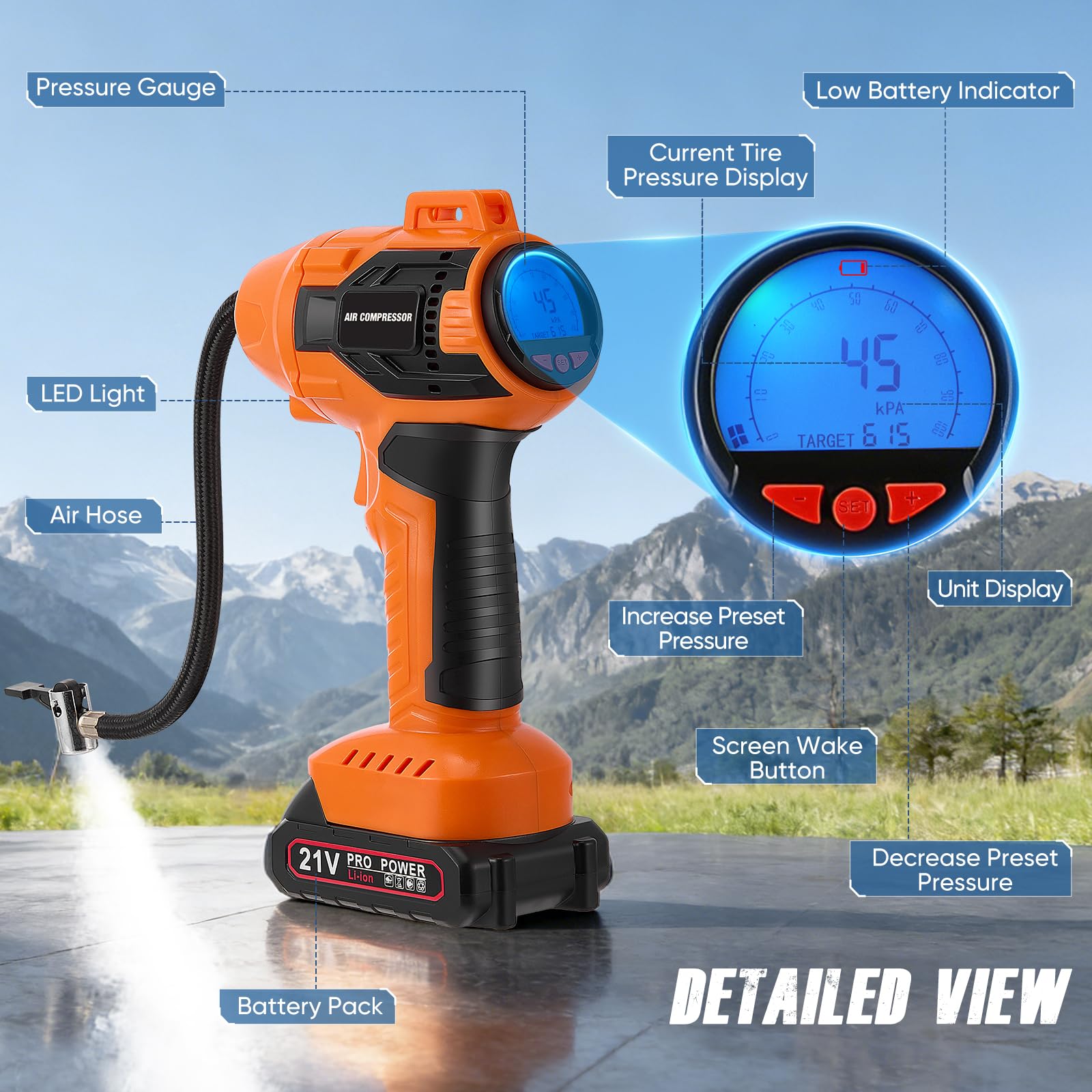 Kabelloser Akku-Luftkompressor, 160 PSI, mit digitalem Manometer & Auto-Stopp, tragbare Luftpumpe für Auto, Motorrad, Fahrrad, Bälle – gelb