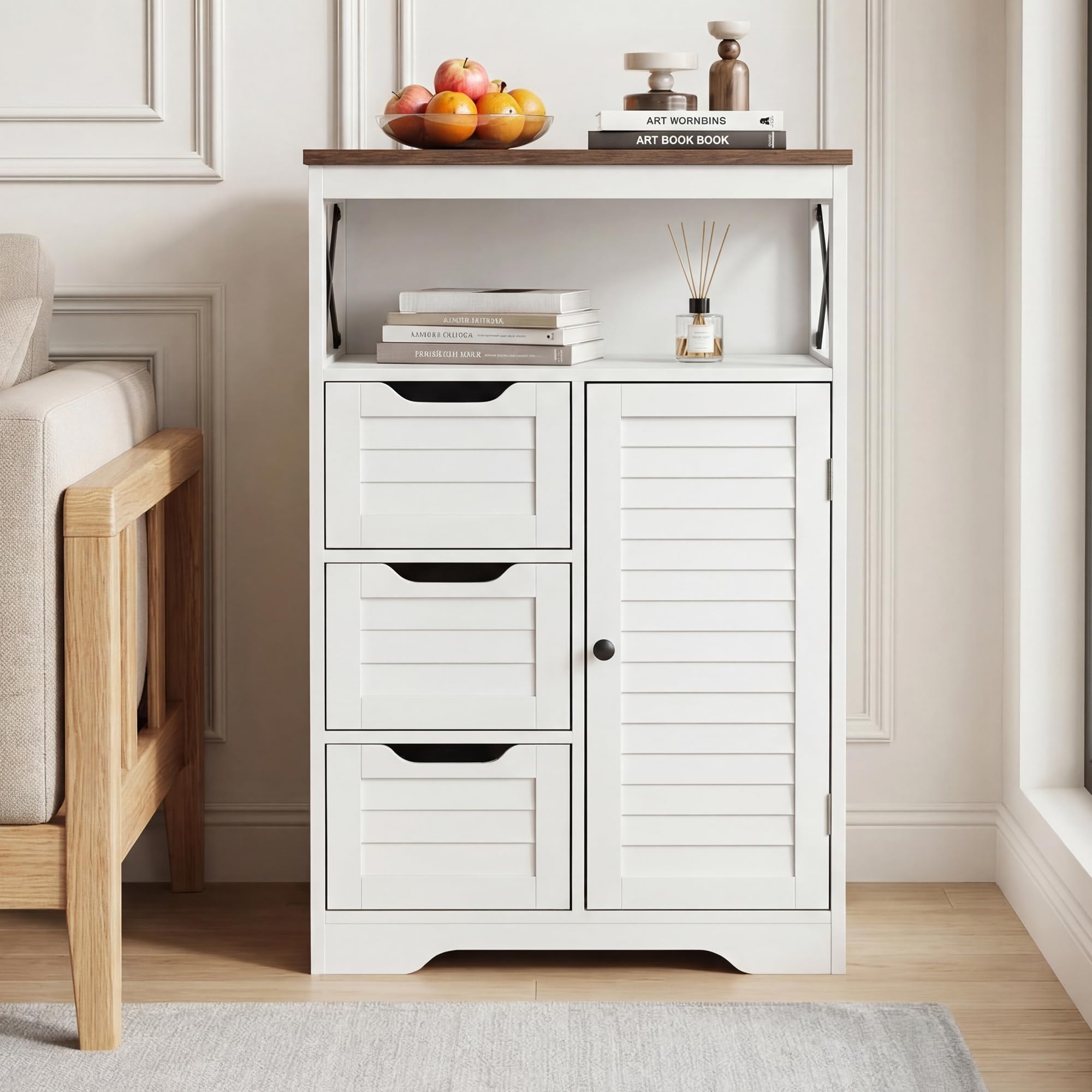 BonVache Küchenschrank mit 3 Schubladen, Jalousiestil, Aufbewahrungsschrank mit Offene Ablagefächer, Verstellbare Ablage, für Küche, Flur, Badezimmer, Wohnzimmer, 56 x 30 x 87cm, Weiß