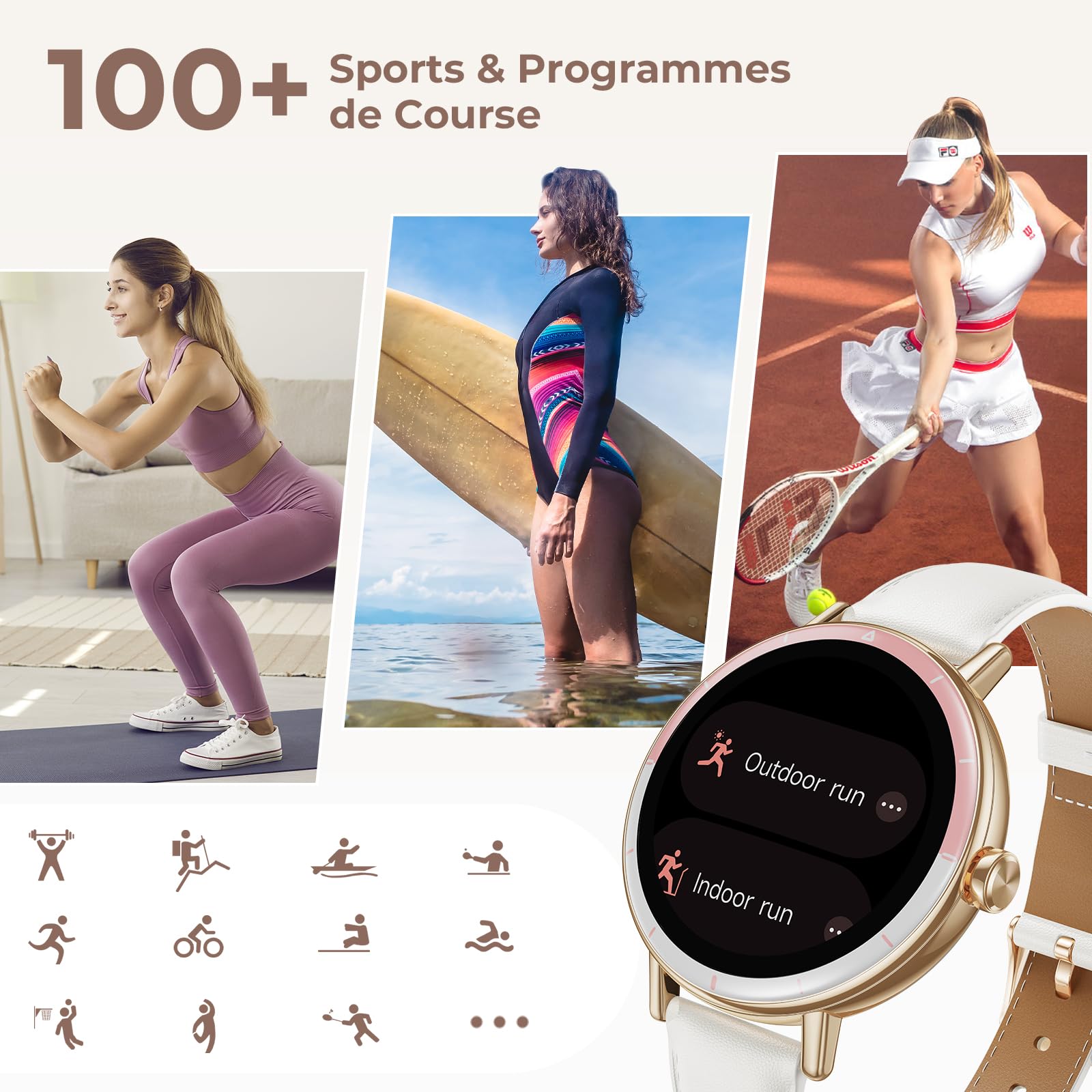 Smartwatch Donna, 1,27'' HD Orologio Smartwatch Piccolo Rotondo con Cardiofrequenzimetro/SpO2/Sonno/Ciclo Mestruale, 100+ Modalità Sportive/Contapassi Smart Watch per Android iOS, Rosa/Avorio