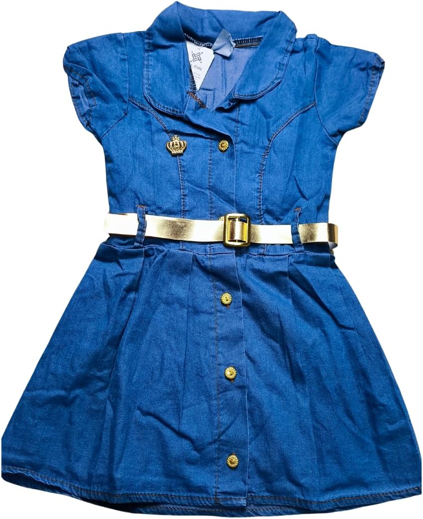 Vestido Jeans Infantil com Cinto Dourado, Manga Curta, 1-8 Anos