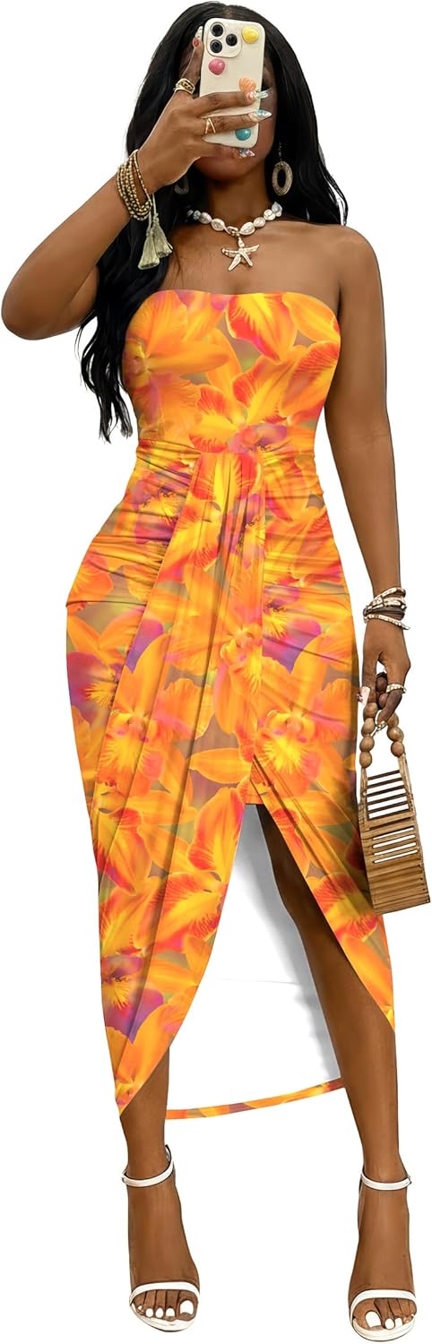 Umenlele Women's Strapless Ruched High Waist Wrap Split Asymmetrical Beach Maxi Long Dress - Image 3
