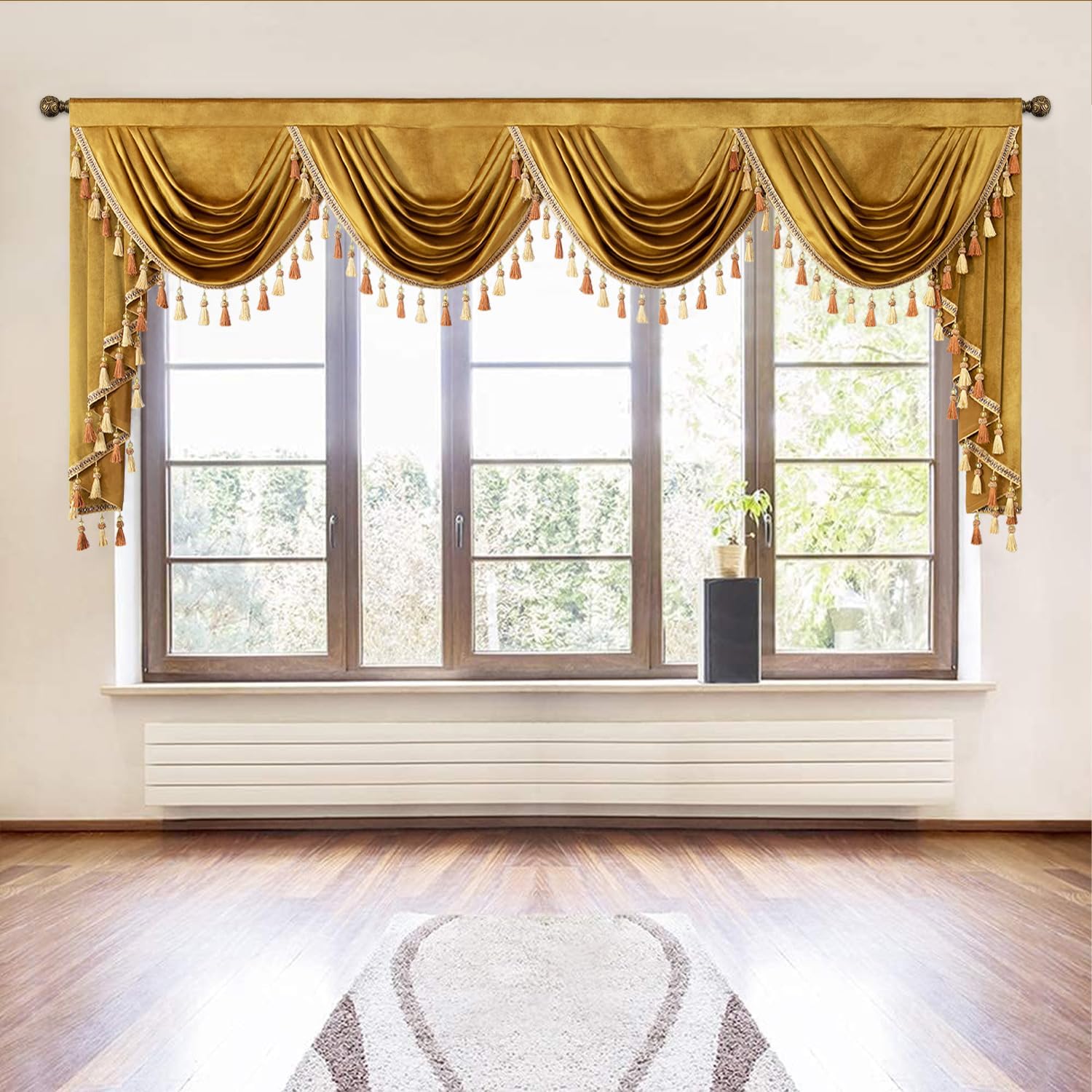 VOGOL Gold Swag Valances for Kitchen Window, Luxury Super Soft Velvet Valance Window Curtain with Bead Tassels, Light Filtering Decorative Curtains for Nursery, 110 Inches Wide, 1 Panel