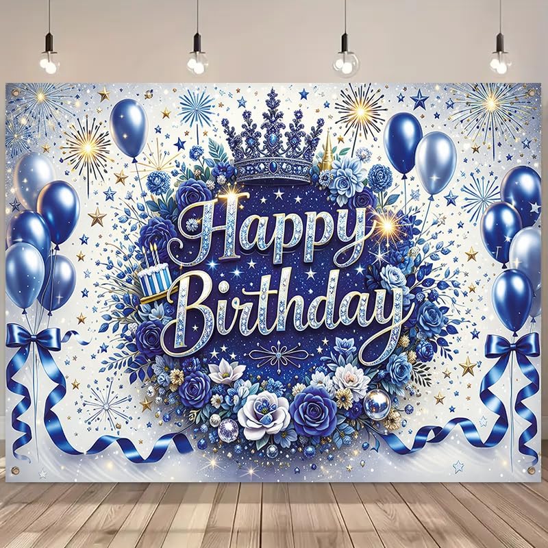Happy Birthday Banner Blue Silver Theme 71 x 43 Inch Elegant Birthday Party Decoration Backdrop Wall Hanging Polyester Banner Indoor Covered Outdoor Display