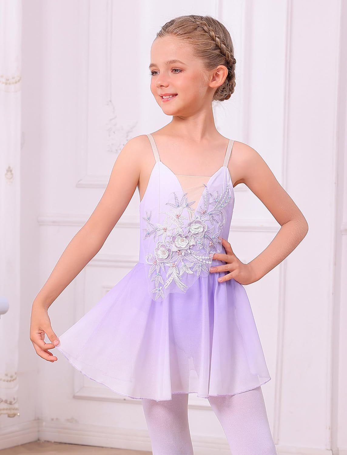 Ice Figure Skating Dress for Girls Sparkly Sequins Sheer Mesh Chiffon Ballet Dance Leotard Dress Ballerina Outfits