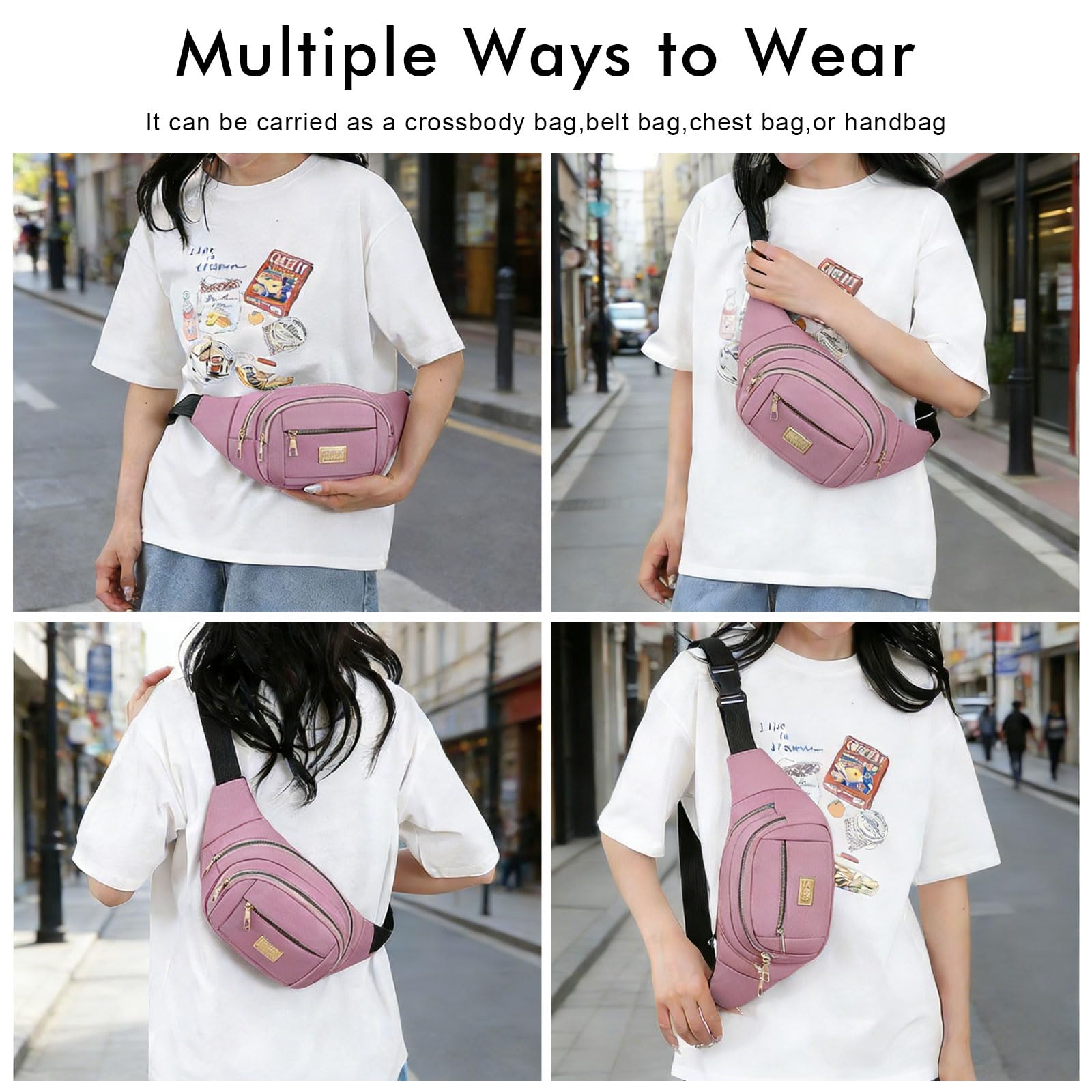 Bumbags for Ladies Women Men Lightweight Adjustable Bum Bag Fanny Pack with 4 Zipper Pockets,Fashionable Waist Pack for Travel, Running, Hiking, Cycling (Pink) — view 5