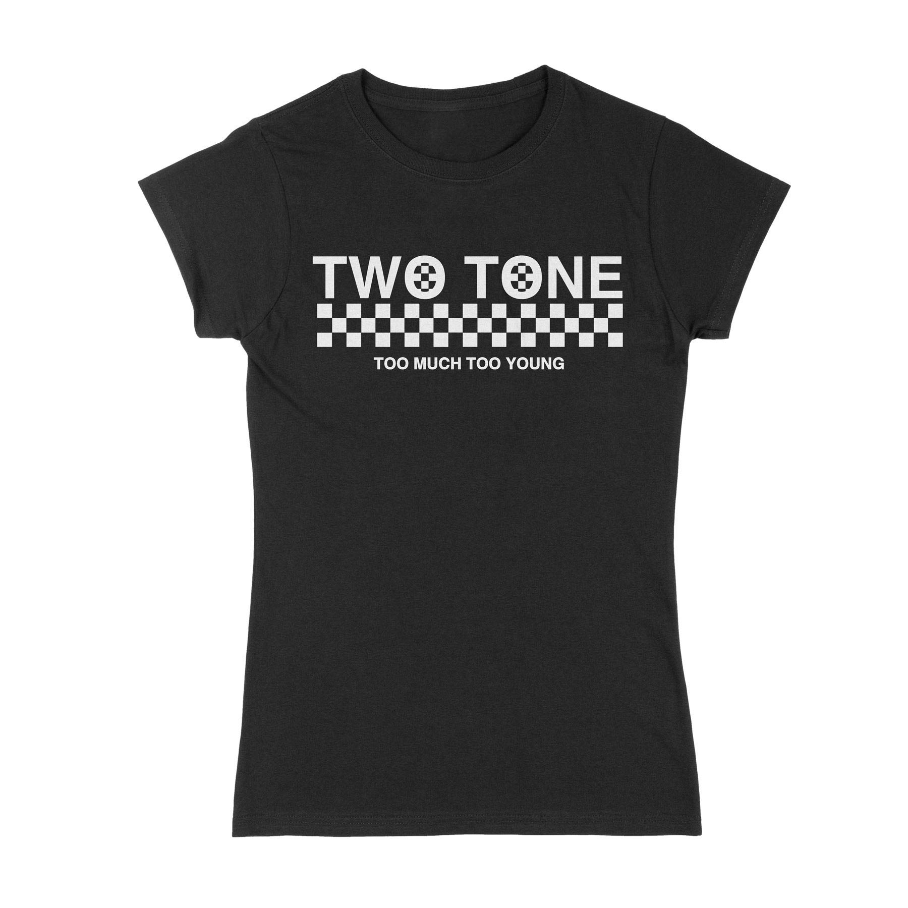 Tribal T-Shirts Women's Black 2 Tone Too Much Too Young Narrow Logo Ska T-Shirt (Large, )