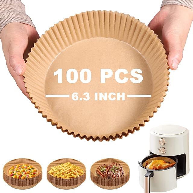100PCS Air Fryer Liners, 6.3 inch Air Fryer Paper Liners for 2-5 litres Air Fryer, Disposable Natural Parchment Paper, Non-Stick, Oil-Proof, Water-Proof