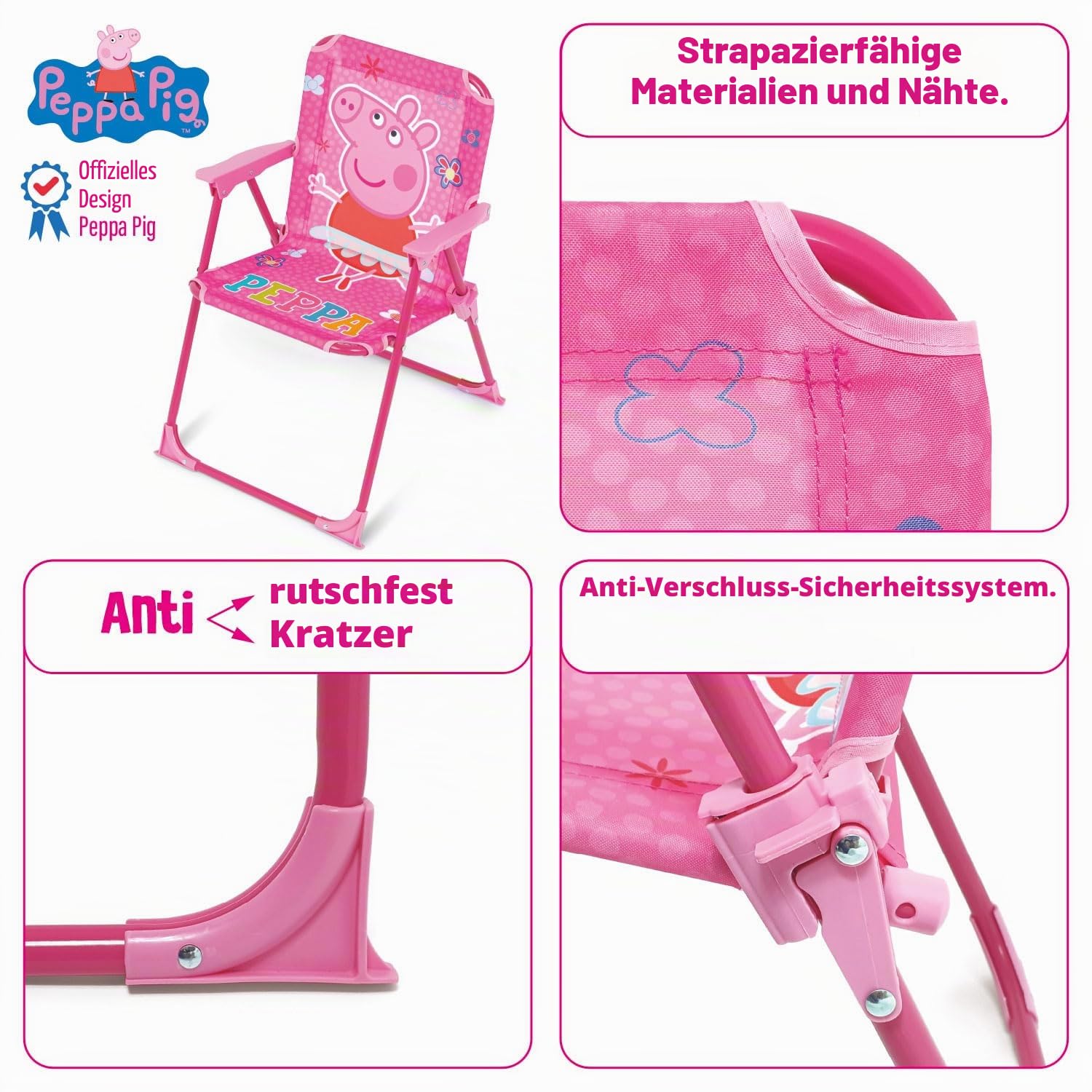 ARDITEX Peppa Pig Klappstuhl für Kinder, Outdoor-Stuhl für Strand, Garten und Terrasse, Metallrahmen, Armlehnen aus Kunststoff und Sitzfläche aus Segeltuch, 38 x 32 x 53 cm, Rosa, PP16177