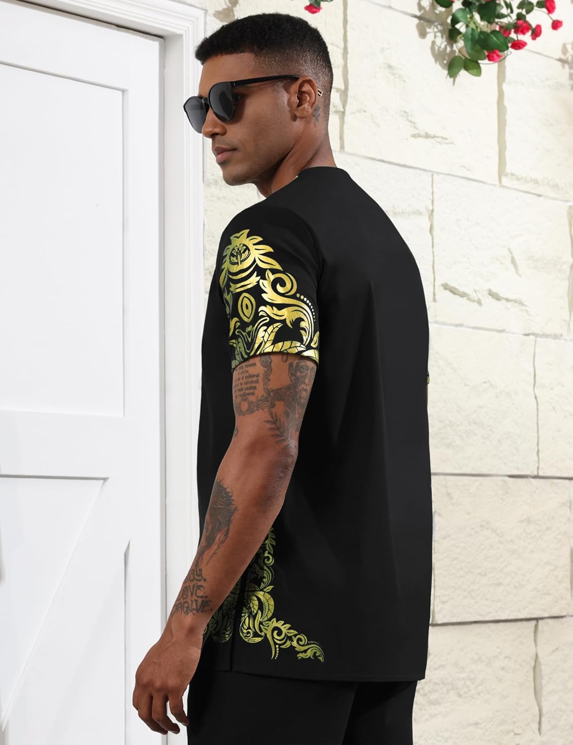 Mens African 2 Piece Set Nigerian Dashiki Metallic Short Sleeve Suit Gold Stamp Printed Shirt and Pants Outfit - Image 4