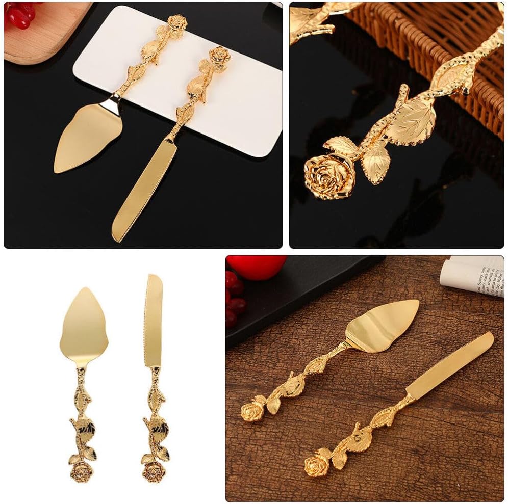 Set of 2 Wedding Cake Cutting Tools Zinc Alloy Cake Knife and Server Portable for Home Cooking Easy to Flip and Serve