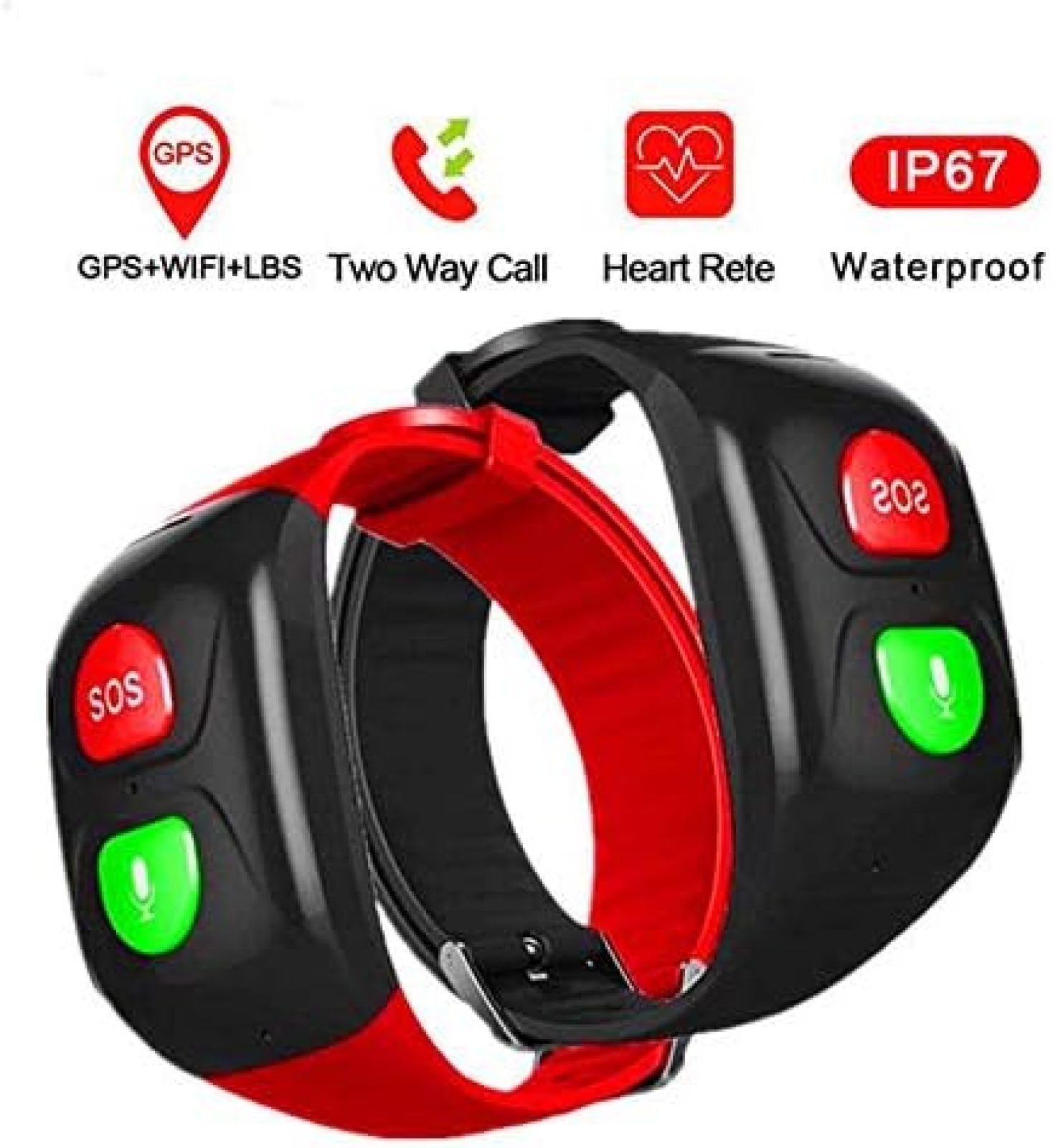 Inteligentna Bransoletka GPS Dla Seniorów, Połączenie Alarmowe, Funkcja Alarmu O Upadku, Tętno, Czat Głosowy, Monitor Krwi,Czerwony,Bonny369