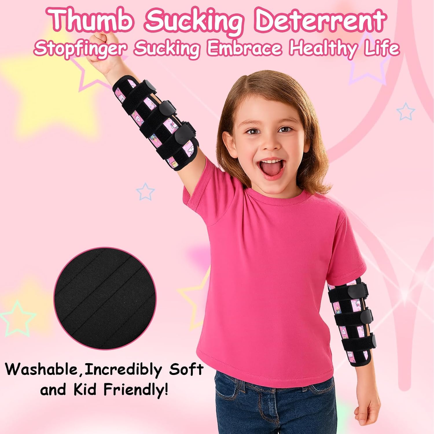 2 PCS Thumb Sucking Deterrent, Pink Clouds Thumb Guard for Kids Toddlers Nail Biting Treatment, Anti Nose Picking, Scratching Face, Elbow Immobilizer for Boys Girls, Finger Sucking Prevention image 4