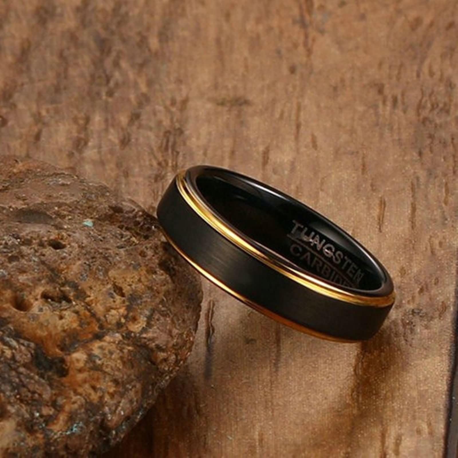 Wycian Männer Ringe, Verlobungsring Paar Wolfram 2 Stück 5 mm Schwarzer Gebürsteter Ring mit Goldrand Bandring Größe Damen 52 (16.6) Herren 54 (17.2)