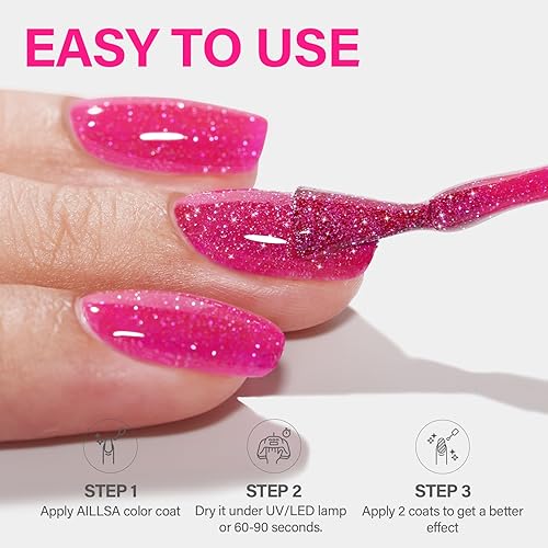 Miniatura 7 de AILLSA Esmalte de uñas de gel brillante holográfico brillante rosa intenso, esmalte de uñas de gel iridiscente brillante, gel UV y regalo de