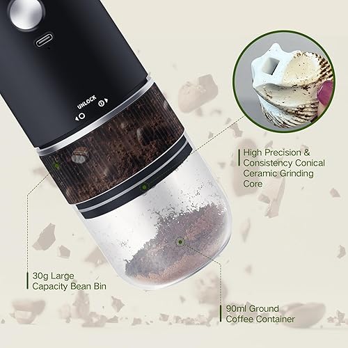 Miniatura 6 de Molinillo de café portátil, molinillo de café eléctrico recargable USB-C con cepillo de limpieza, molinillo de café con rebabas cónicas para uso
