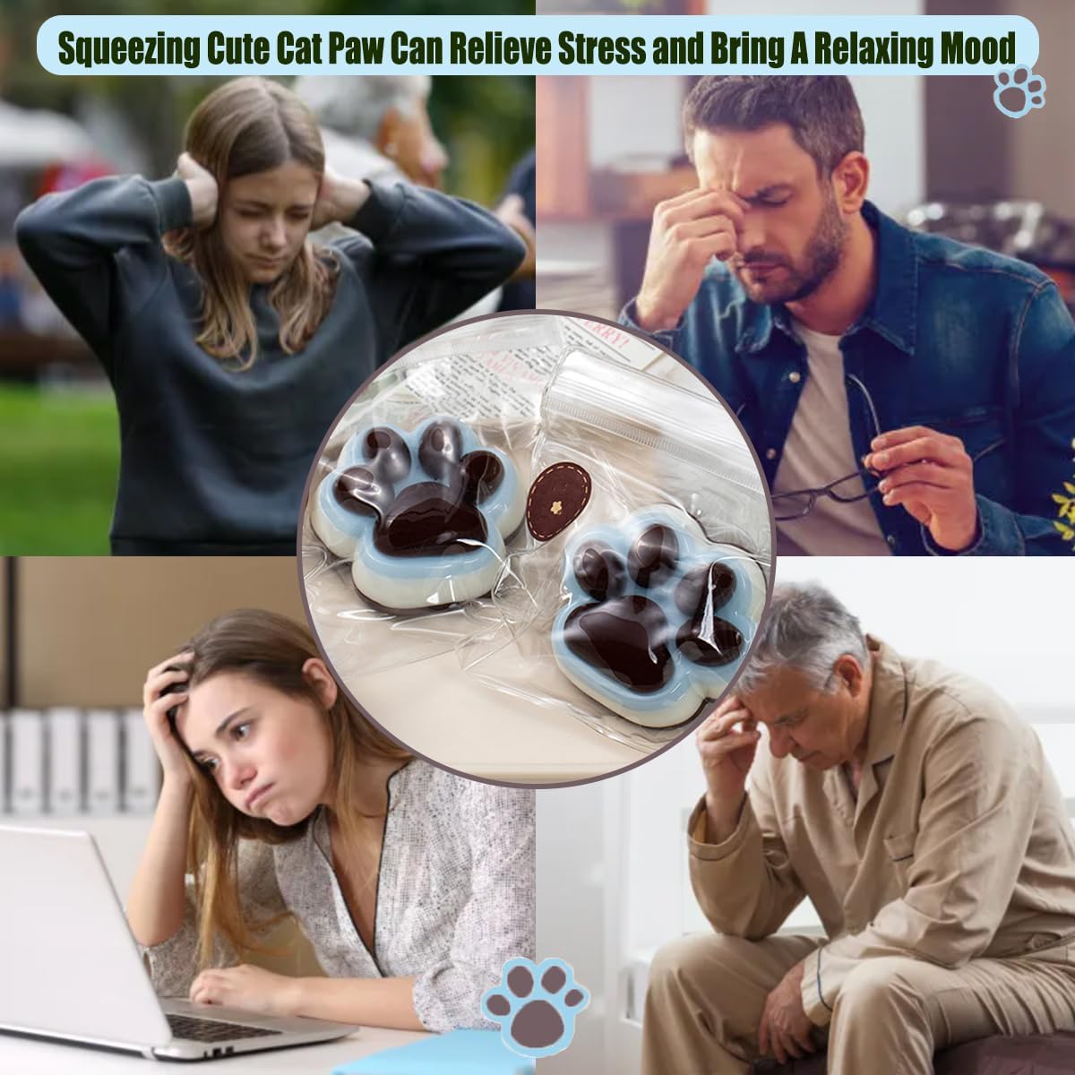 2Pcs Taba Squishy Cat Paw Squeeze Toys, Cute Cat Paw Squishy Toys for Stress Relief, Soft Kitty Squeeze Fidget Toys, Blue Brown Sensory Fidget Decompression Toy for Kids Adults (Sea Salt Chocolate)