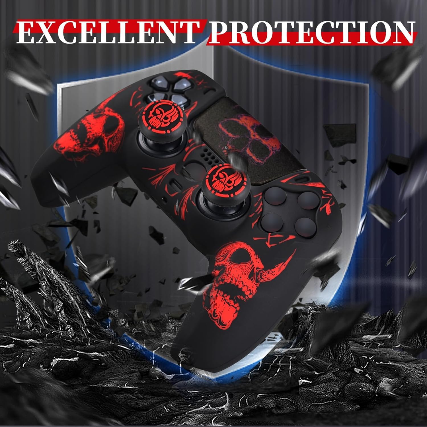 YoRHa Sculpture au Laser Silicone Peau Coques Skin pour Manette PS5 Dualsense x 1 (Rouge) avec Pro Thumb Grips Prises de Pouce x 8