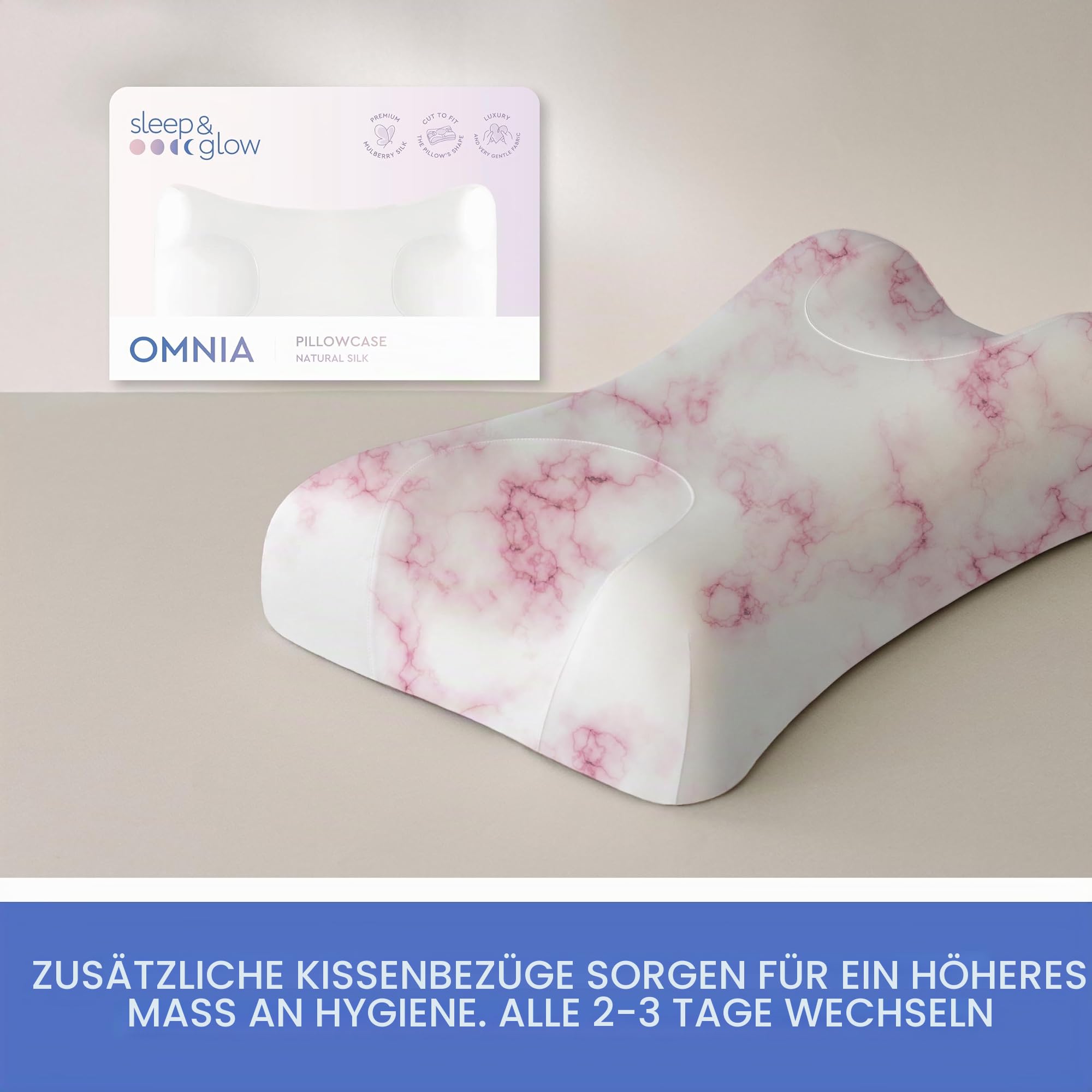 Sleep&Glow Omnia-Kissenbezug Naturseide Omina Anti-Falten-Kissen - Seidenkissenbezug für Haar- und Hautpflege - 19mm Maulbeerseide der Güteklasse 6A, Rosa Marmor