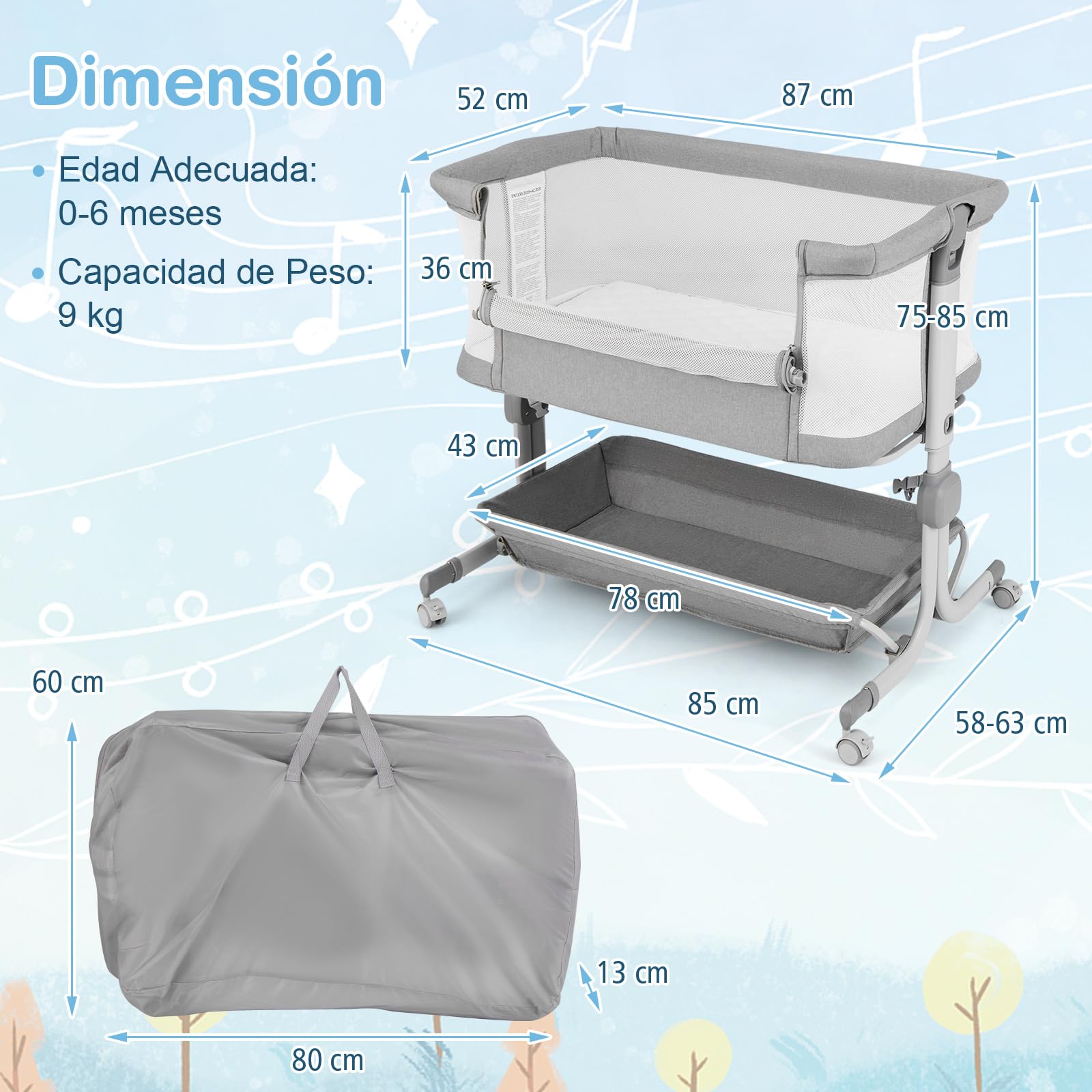 COSTWAY Cuna Colecho, Mini Cuna para Bebe con Altura Ajustable de 6 Niveles, Estante, Ruedas Bloqueables, Colchón y Bolsa de Transporte (Gris Ligero)