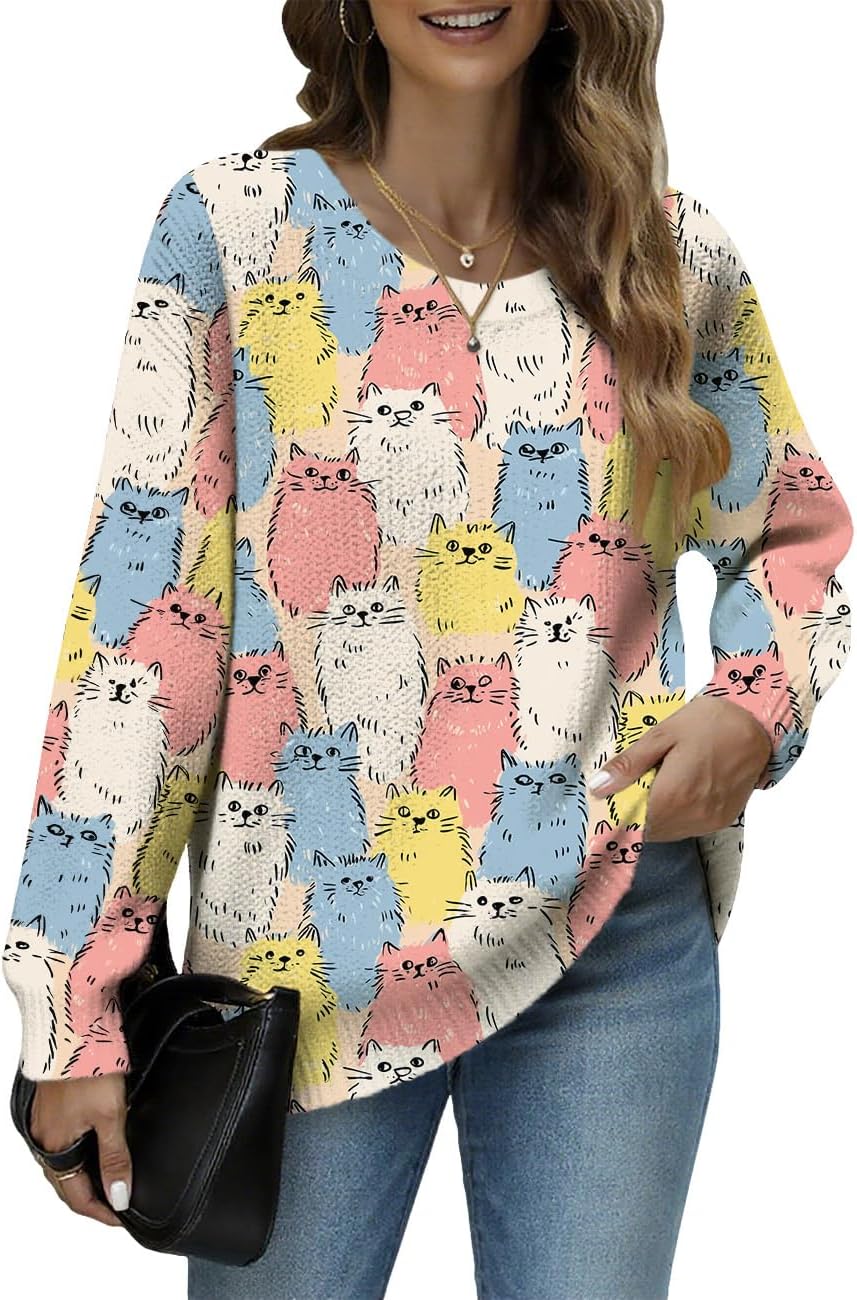 Halloween Fall Sweaters for Women Cat Graphic Casual Loose Fit Funny Crewneck Sweater Knitted Tops Fashion 2025
