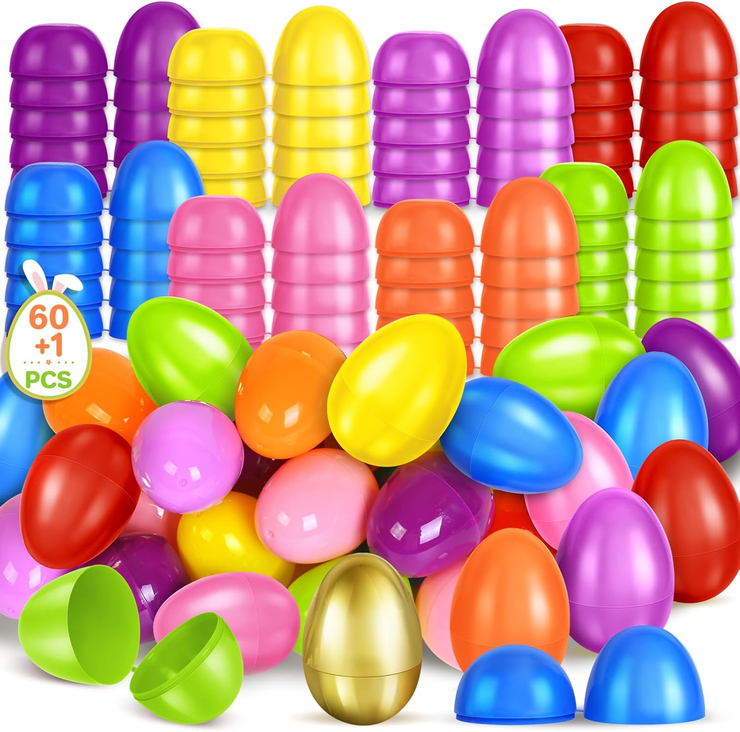 61Pcs Plastic Easter Eggs 2.3",60Pcs Fillable Empty Easter Eggs in 8 Colors with 1Pcs Golden Eggs Bulk for Easter Hunt,Basket Stuffers Filler,Easter Party Favor Decor,Classroom Prize,Surprise Egg