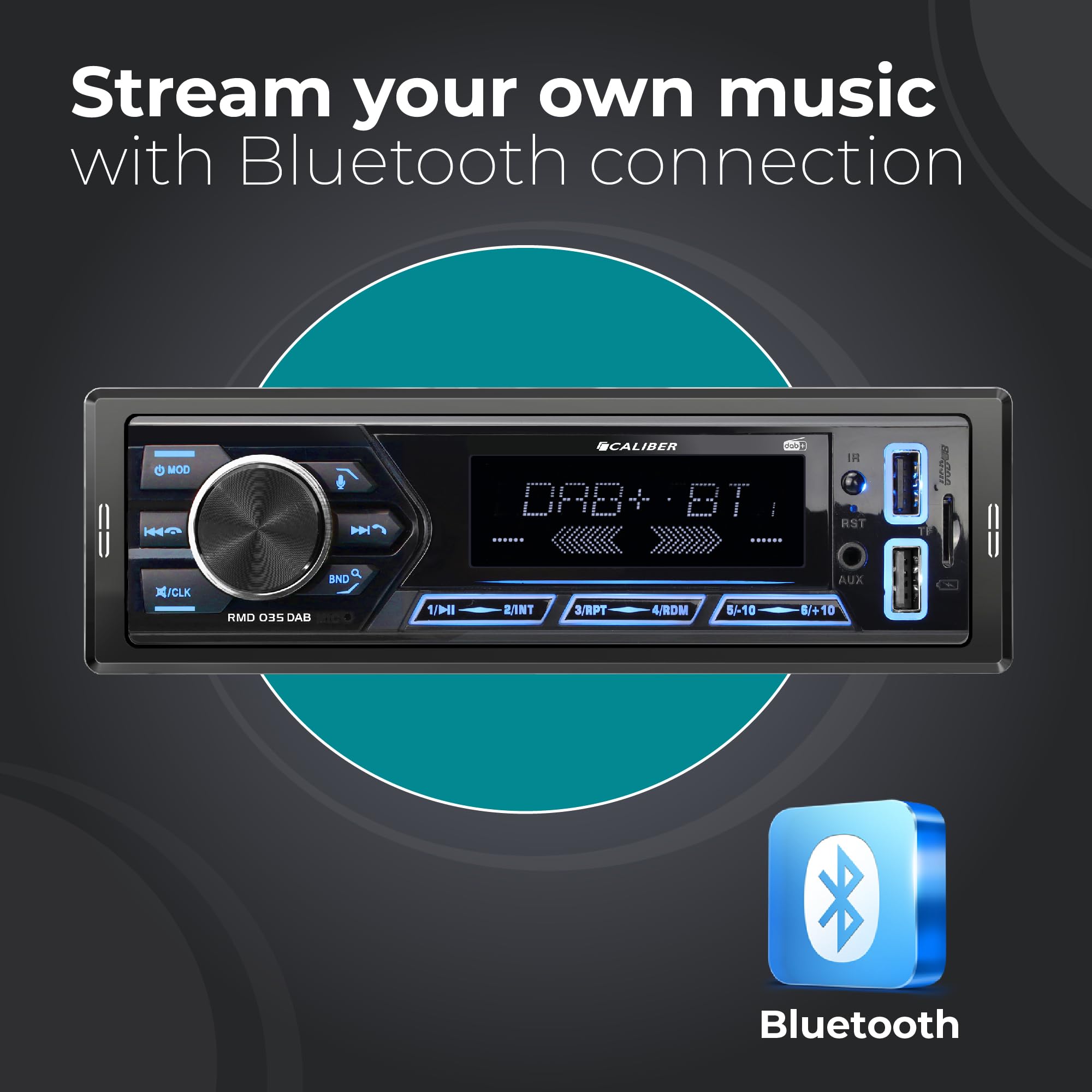 Caliber Radio Coche Bluetooth 1 DIN Dab+, Autoradio Bluetooth con Manos Libres, FM, USB/Micro SD/AUX, Carga 2.1A, MP3 Reproductor, 4x55W, RCA, 40mm