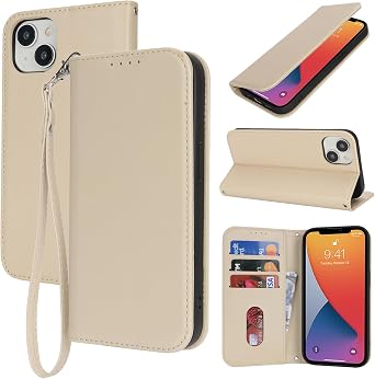 for iPhone 13 iPhone 14 Wallet Case for Women,for iPhone 13 Case with Card Holder and Wrist Strap,PU Leather Shockproof Magnetic Kickstand Flip Phone Case-Beige