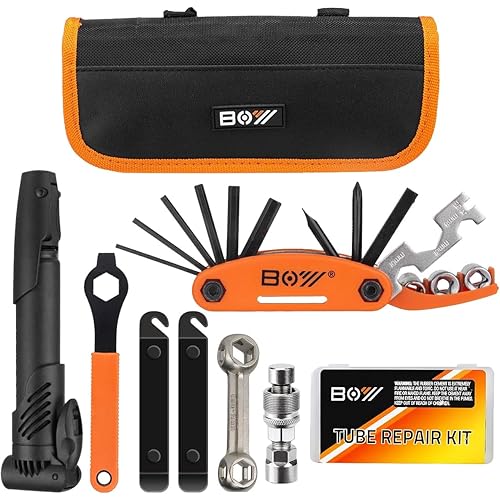 Bicycle Repair Bag With Tire Pump, Portable Tool Kit for Camping Travel - Bike Glueless Patches, Maintenance Essentials All in One Safety Kit