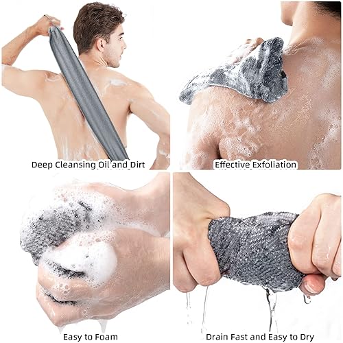 Miniatura 5 de WOVTE Paquete de 2 depuradores de espalda para ducha, toalla exfoliante de nailon elástico con asas, dos lados, exfoliante corporal para hombres y