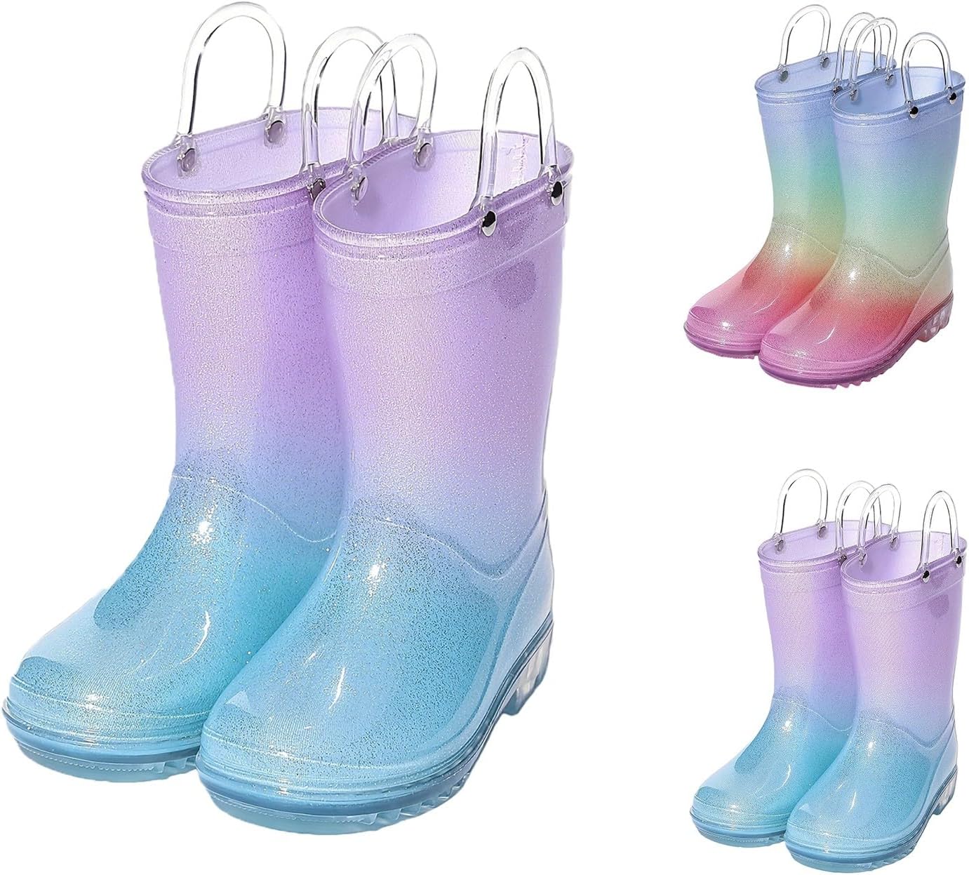 Girls Rain Boots Kids Sequins Gradient Rubber Waterproof Rainboots with Handles Toddler Non Slip Mud Proof Rain Shoes