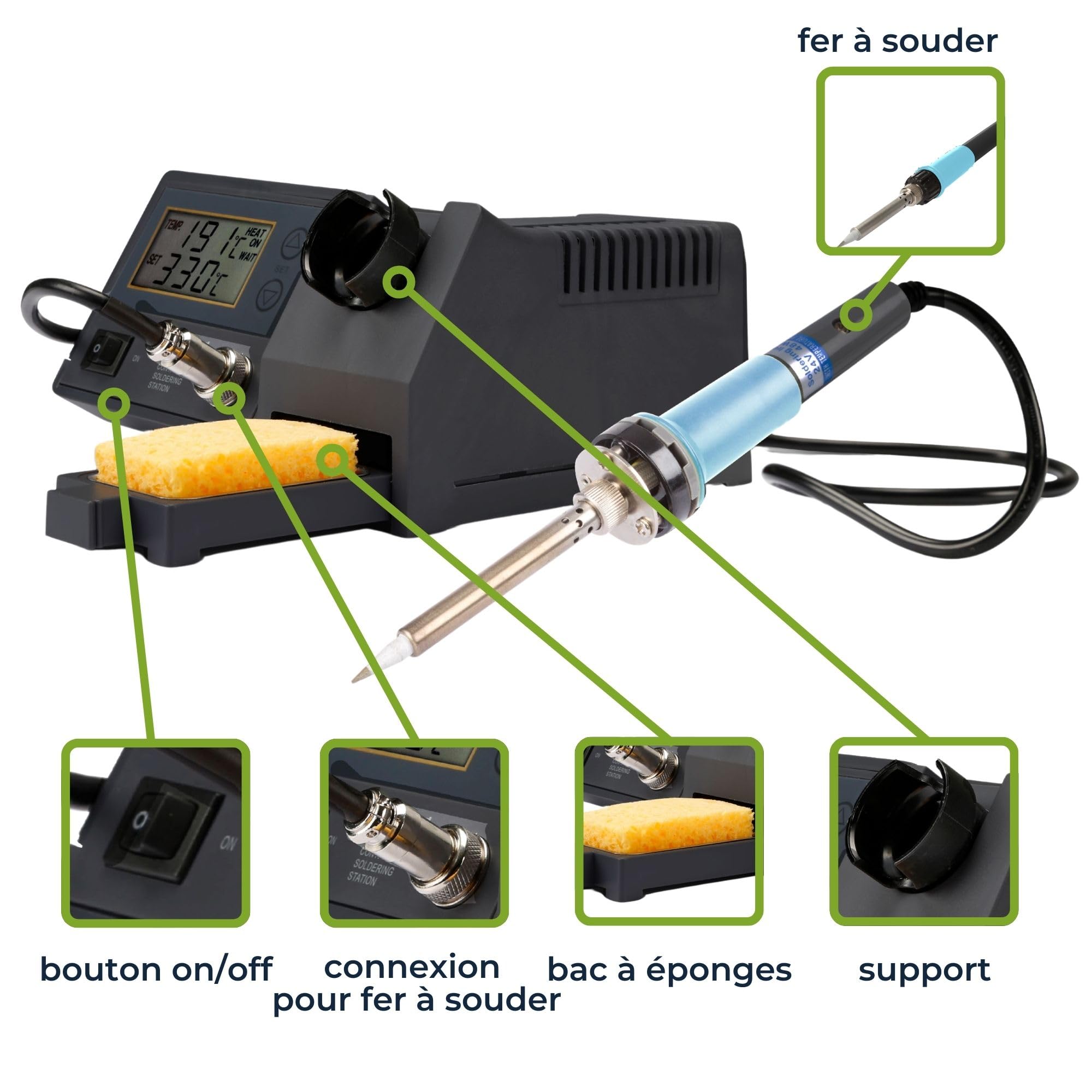Velleman Station de soudage avec écran LCD, élément chauffant en céramique 48 W, réglage manuel de la température 150–450 °C pour électronique et bricolage
